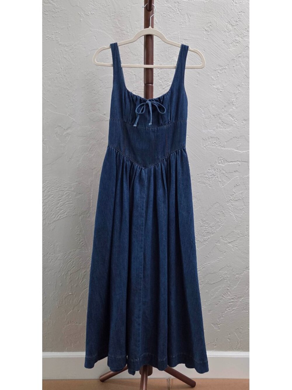 Women's Dark Denim Corset Maxi Dress with Tie Front